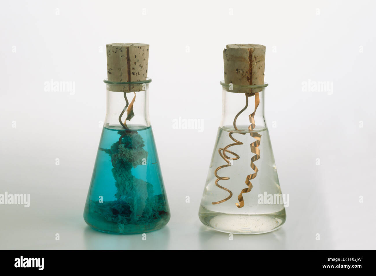 Zwei Glaskolben von Kupferspulen in Silber Salzlösung, vor und nach der chemischen Reaktion, was blau Kupfer Nitrat und Silber Kristalle (Verschiebung Reaktion) Stockfoto