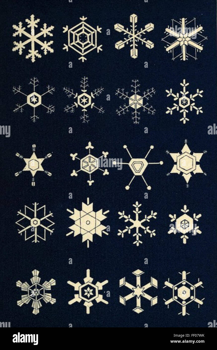 Detaillierte Illustrationen von Schneeflocken aus „Snowflakes: Ein Kapitel aus dem Buch der Natur“, die die komplexen geometrischen Muster von Eiskristallen einfangen. Jedes Design zeigt die natürliche Schönheit der Schneeflocken-Symmetrie. Stockfoto