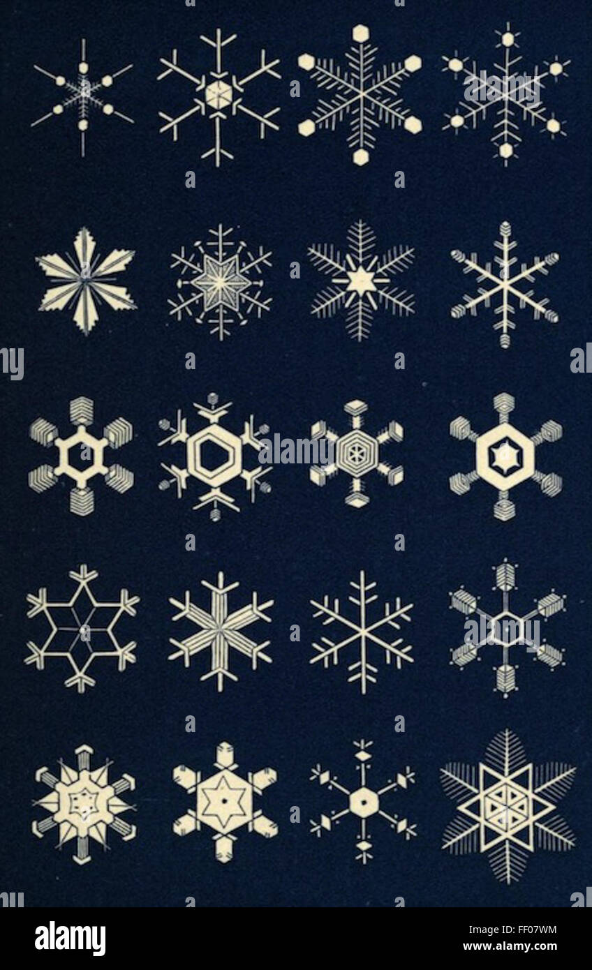 Illustrationen aus „Snowflakes: A Chapter from the Book of Nature“ von Wilson A. Bentley, die die zarten und einzigartigen Muster von Schneeflocken zeigen. Jedes Bild hebt die komplizierte Geometrie der Schneeflocken unter Vergrößerung hervor. Stockfoto