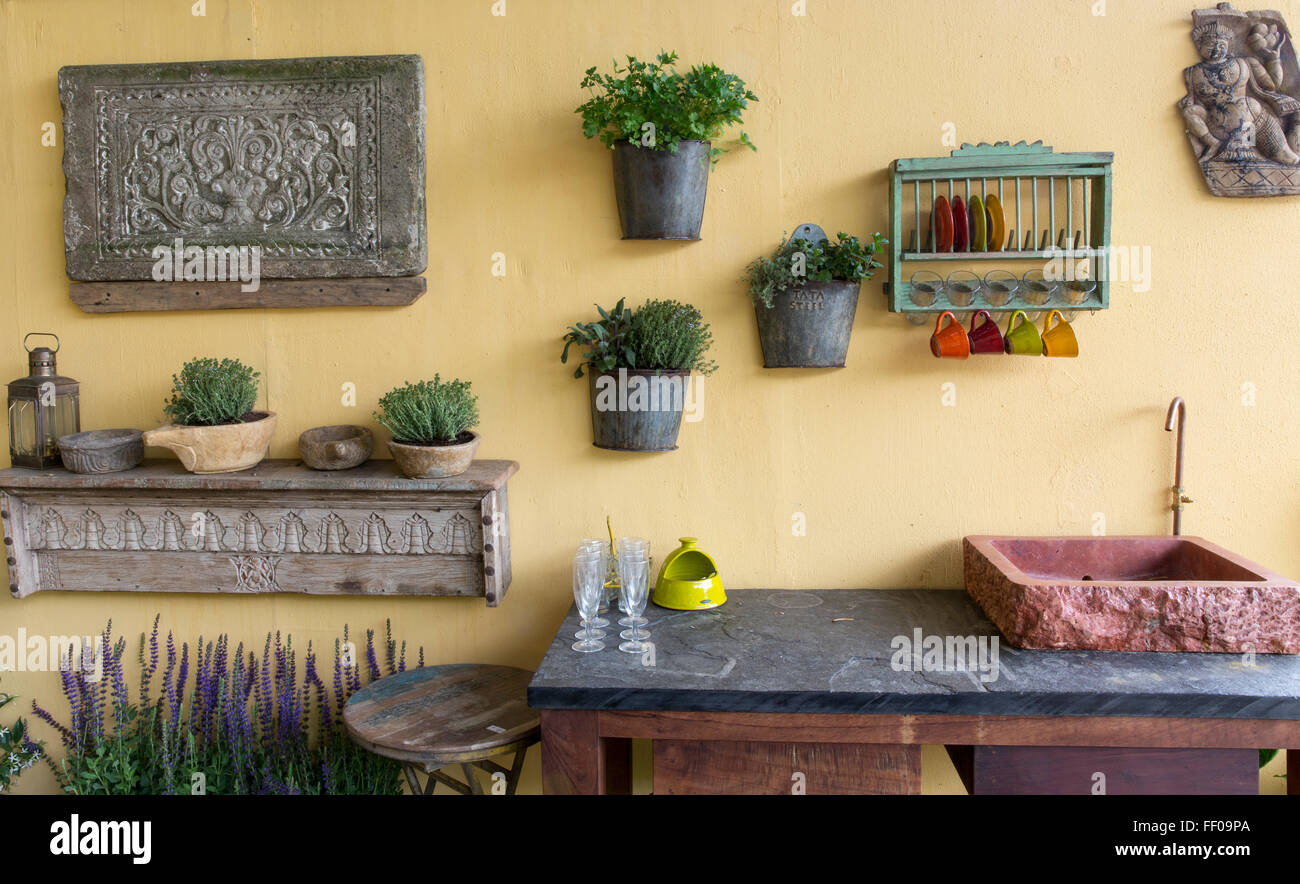 Küchengarten mit Kräutern in Töpfen und Behältern an einer Wand und Regalen in einer rustikalen Küche eines Landhauses Stockfoto