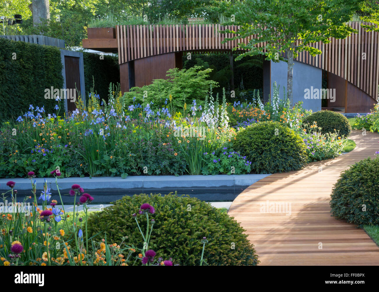 Ein Gartenbüro in einem städtischen Landgarten mit Holzpfaden, Kugeln und Blüten, die an die Blumen Grenzen, grenzt an Großbritannien Stockfoto