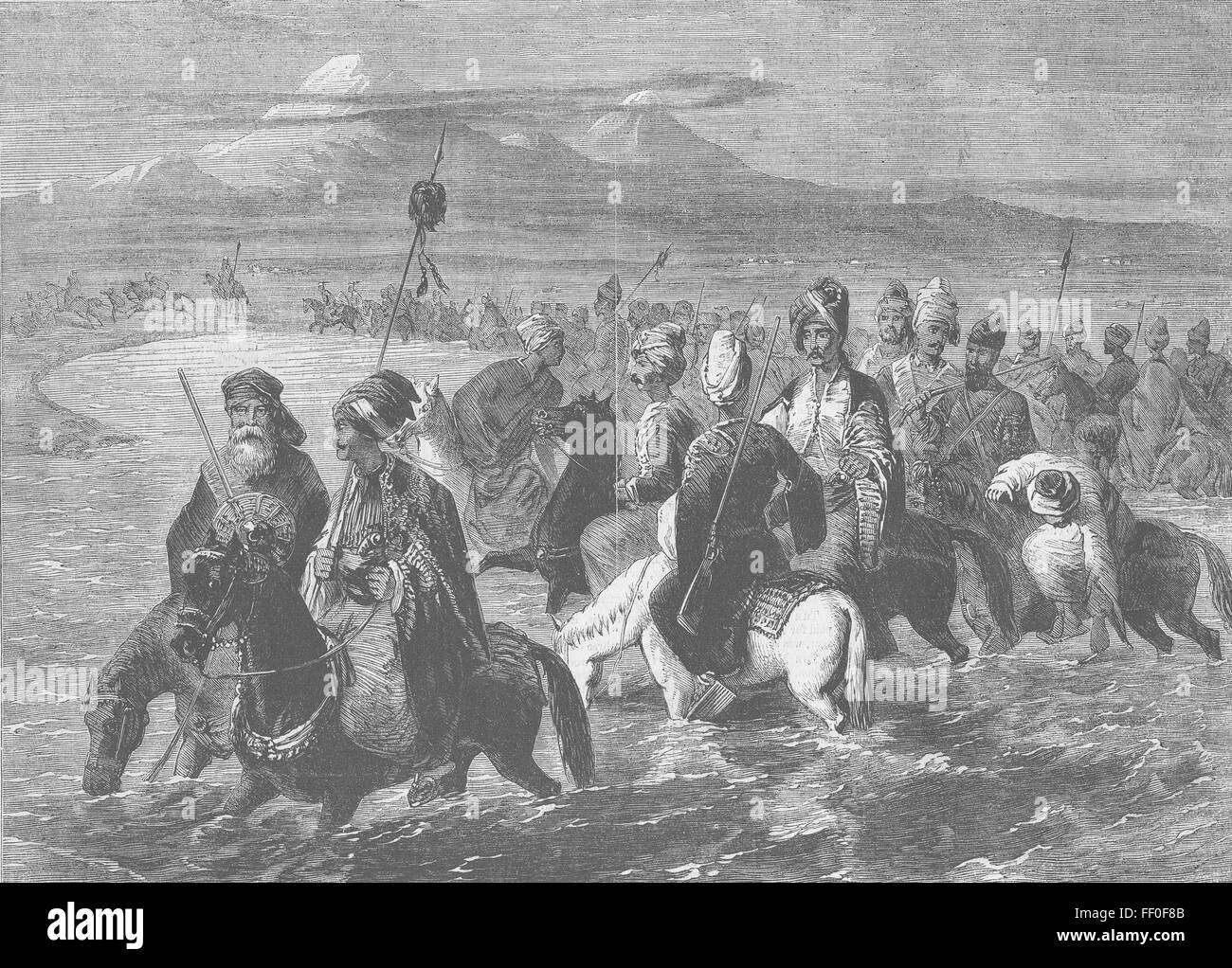 Armenien A Stamm der Kurden fording eine Fluss-1855. Illustriert von Zeiten Stockfoto