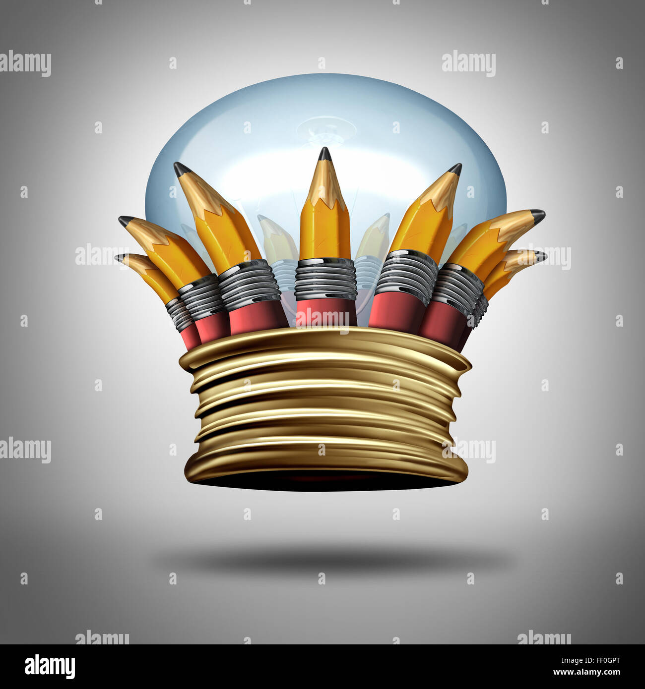 Innovation und Ideen king Krone als eine Gruppe von Bleistiften und eine Glühlampe oder Glühbirne geformt wie ein königliches Wappen als kreativen Erfolg Auszeichnung für Phantasie und die beste Kreativität. Stockfoto