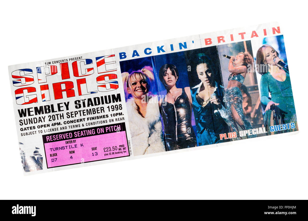 Spice Girls Konzert Ticket für Wembley Stadion, London, Großbritannien - 20 September 1998. Stockfoto