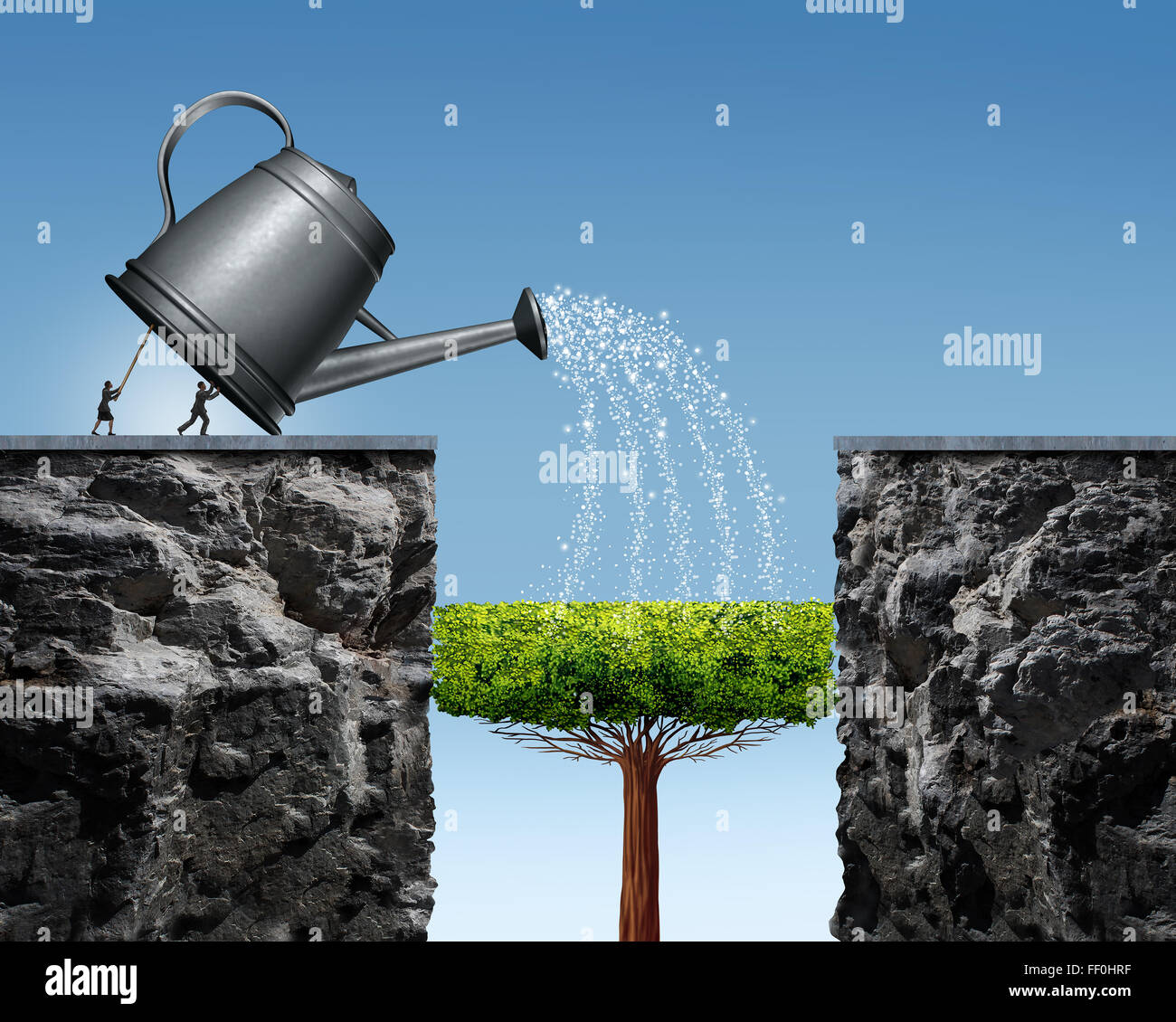 Planung für zukünftigen Erfolg Geschäftskonzept mit einem Geschäftsmann und Geschäftsfrau, die Aufhebung einer Gießkanne, einen Baum in eine künftige Brücke wachsen zu helfen, das langfristige Ziel der Überfahrt auf die andere Seite zu erreichen. Stockfoto