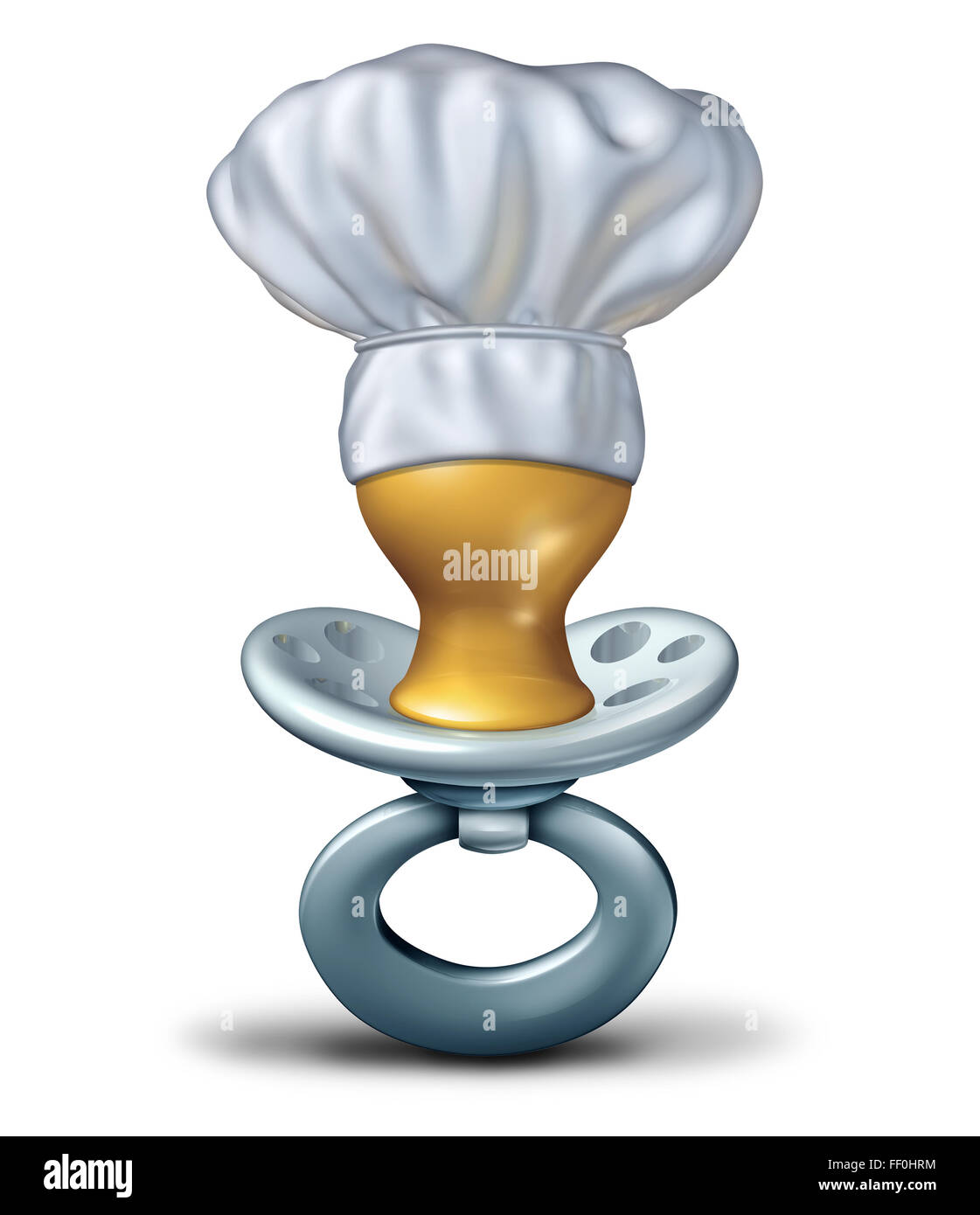 Kindernahrung Konzept und Baby Ernährung Symbol als ein Schnuller-Objekt mit einem Koch Hut auf einem weißen Hintergrund als Symbol für frühkindliche Ernährung Ideen. Stockfoto