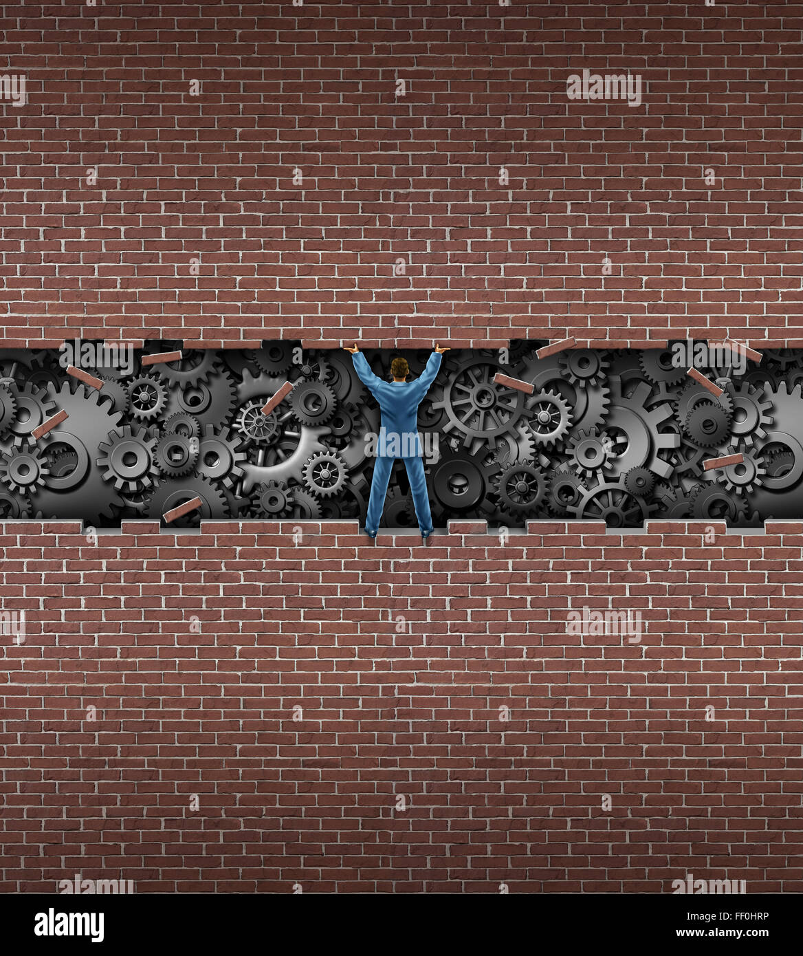 Business Insider-Konzept als Geschäftsmann anheben öffnen eine Mauer, eine Gruppe von mechanischen Getriebe und Zahnräder auszusetzen die Innenleben eines Unternehmens als Marktforschung oder corporate Inspektion zu offenbaren... Stockfoto