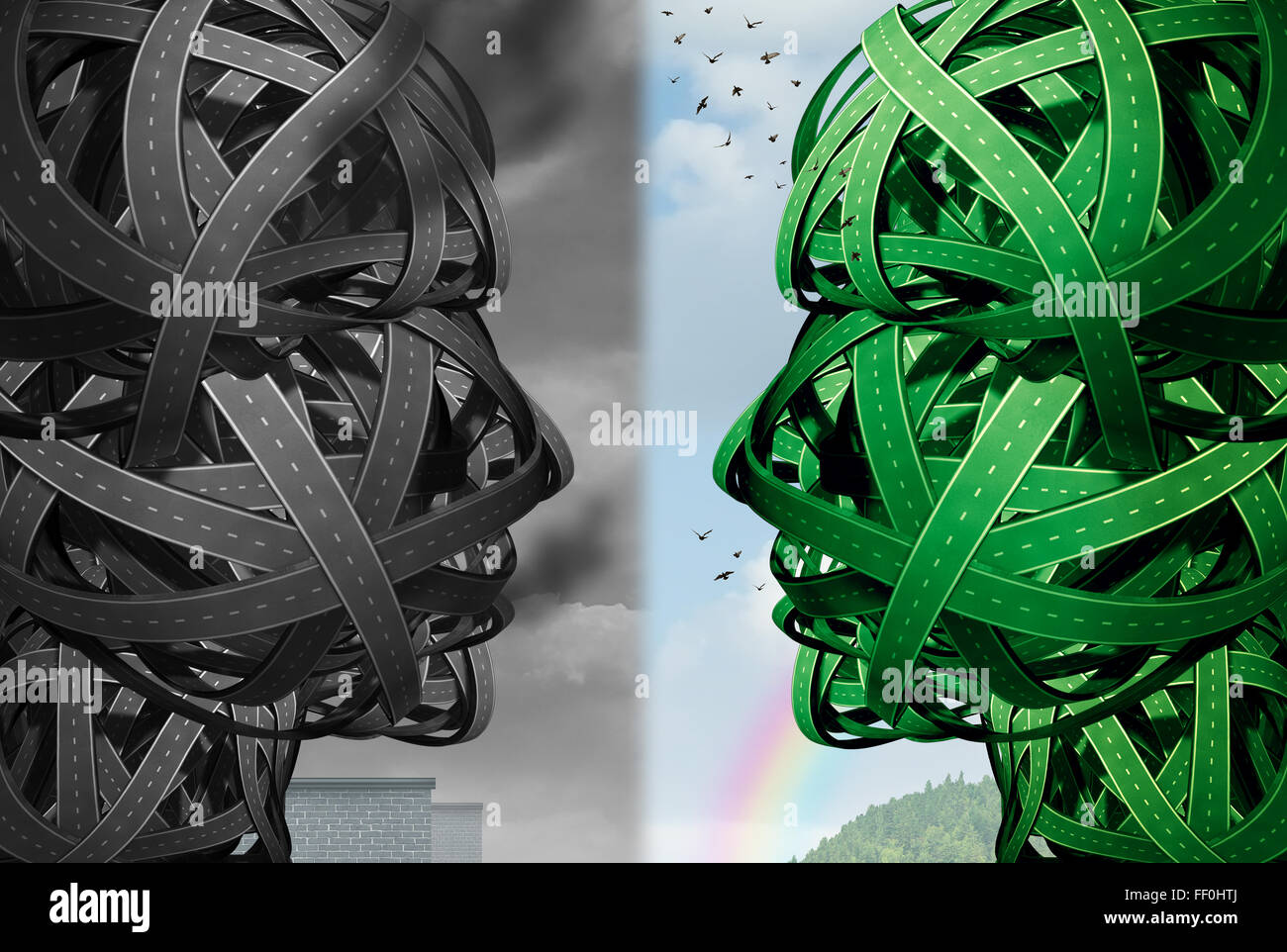 Transport ökologische Wahl als eine Gruppe von verschlungenen Straßen in Form eines menschlichen Kopfes mit Blick auf eine weitere grüne Gruppe von Autobahnen als Luft Verschmutzung und Kraftstoff Wirtschaft Symbol für die Wahl einer Rohgas oder Elektromotor für den Transport. Stockfoto