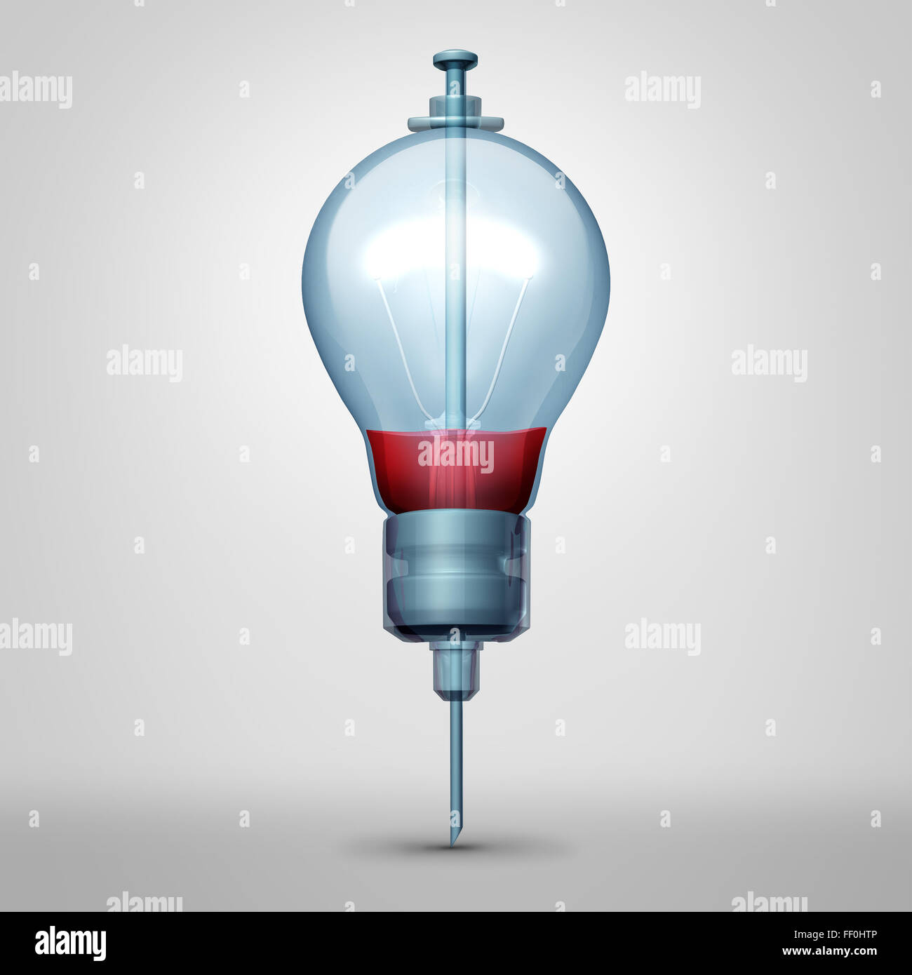 Medizinische Idee Konzept als eine Spritzennadel mit roter Flüssigkeit im Inneren geformt wie eine Glühbirne oder Glühlampe Symbol als kreative Medizin Metapher für Therapie oder Blutspende oder intelligente Krankenhaus Pflege-Symbol. Stockfoto