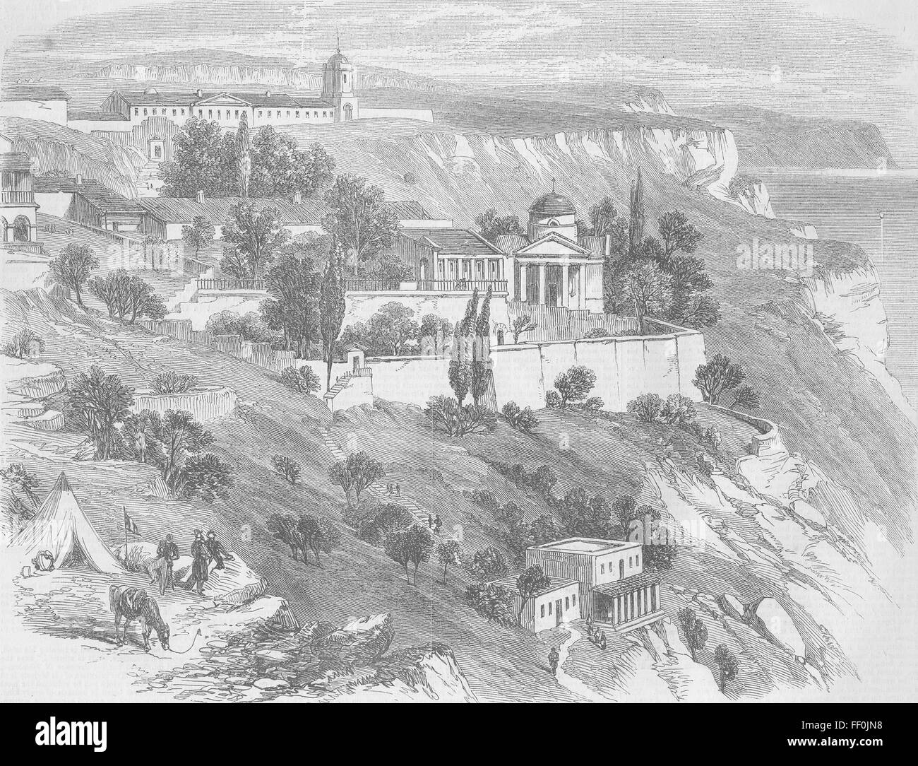 UKRAINE-Kloster des Heiligen Georg, Sewastopol 1856. Illustriert von Zeiten Stockfoto