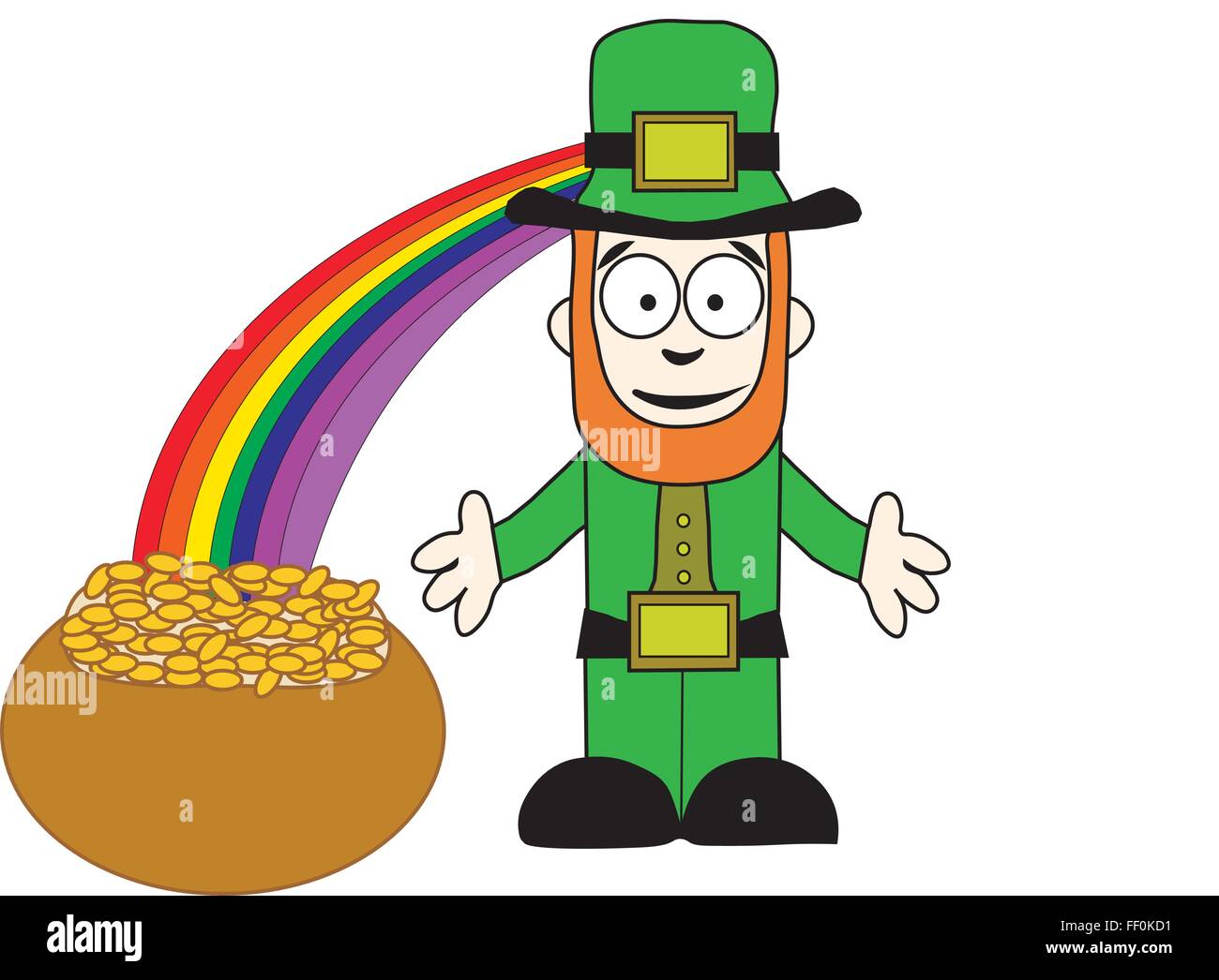 Karikatur von Kobold in grüne Hose und Jacke mit offenen Armen neben Topf  voll Gold am Ende des Regenbogens steht lächelnd Stock-Vektorgrafik - Alamy
