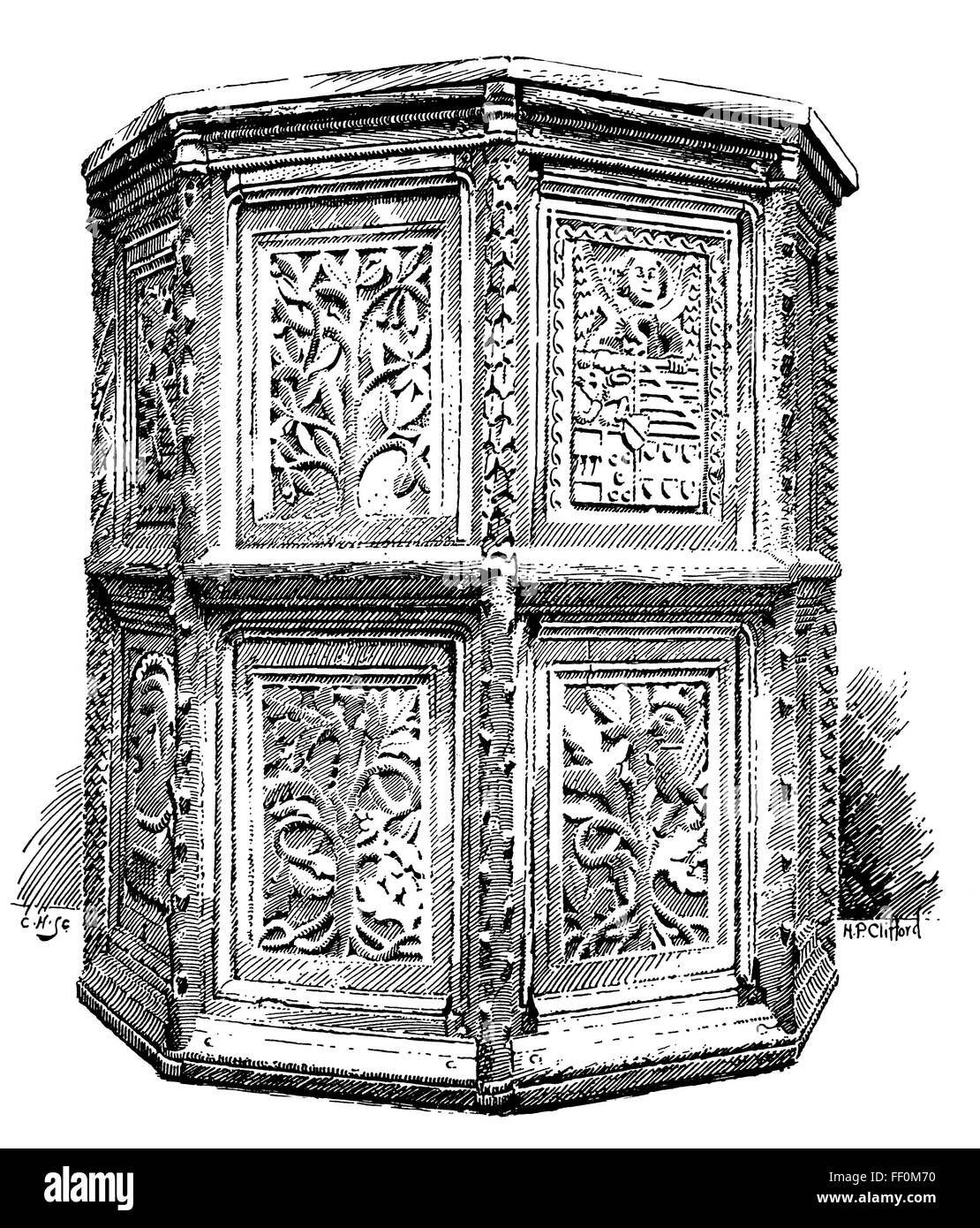 Geschnitzte 14. Jahrhundert französische hölzerne Kanzel, in V & A Museum Abbildung der Holzschnitzerei von H P Clifford, von 1897 Studio Magazin Stockfoto