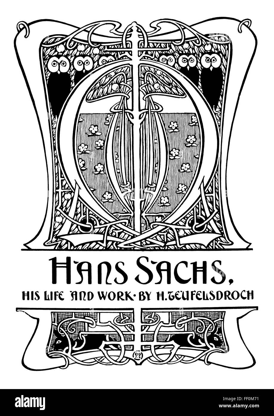 Jugendstil Hans Sachs Buch-Titelbild von Glasgow Illustrator und Designer Christopher Dean Linie Illustration aus dem Jahr 1897 Stockfoto
