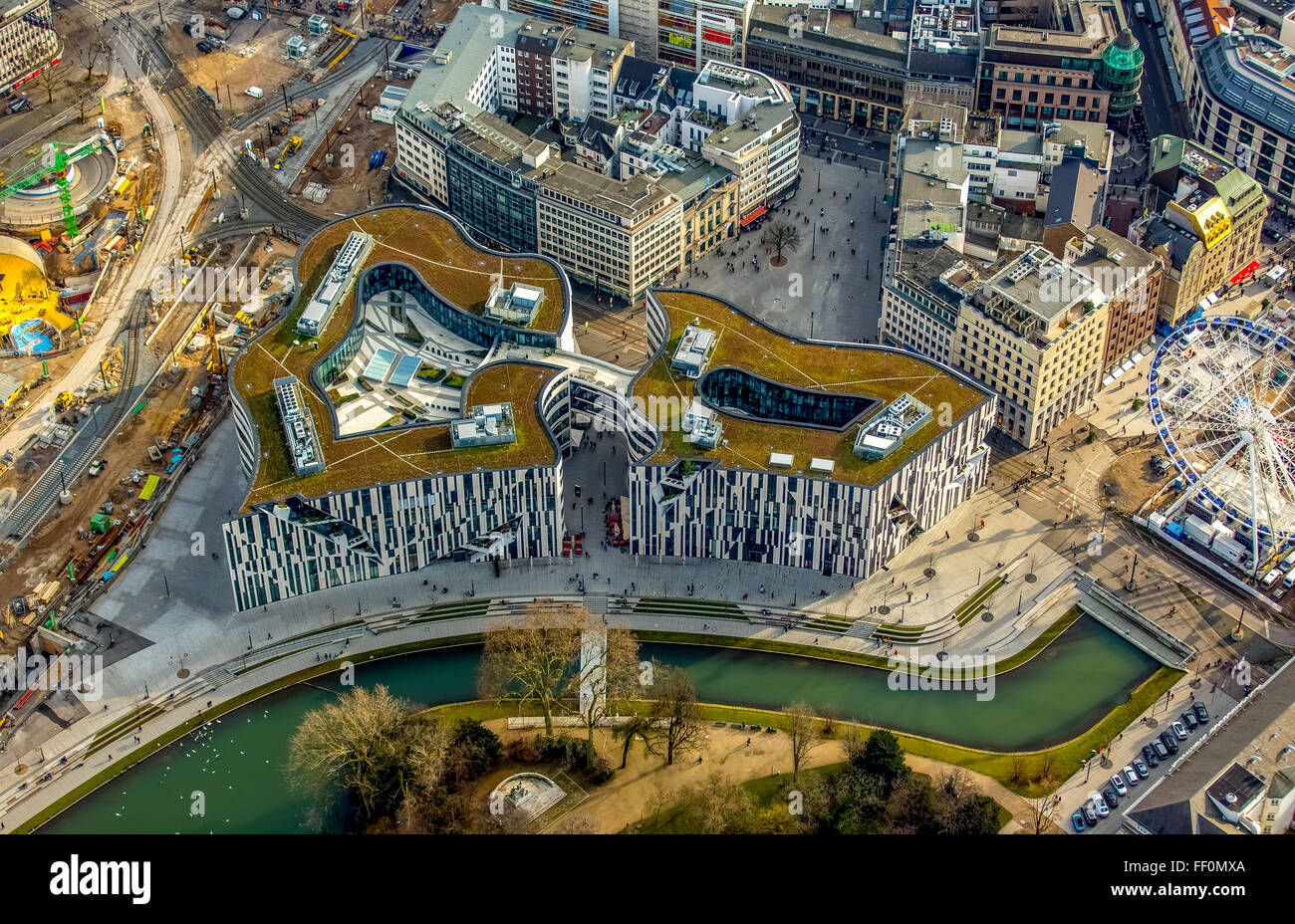 Luftaufnahme, Kö-Bogen, mall, Düsseldorf, Porsche Zentrum, Apple Store, Breuninger, neue K-Bogen-Tunnel, Düsseldorf, Rheinland, Europa Stockfoto
