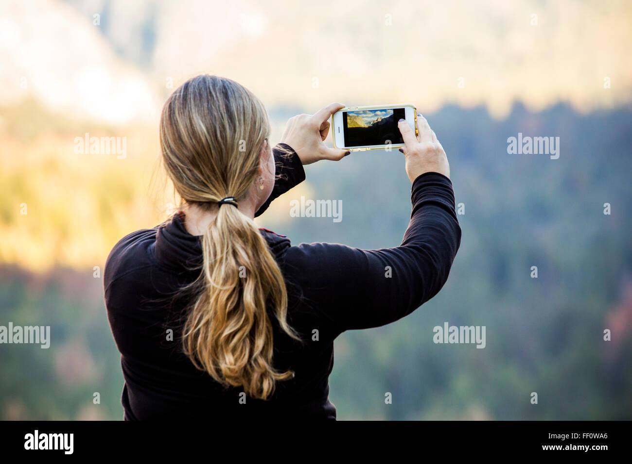 Kaukasische Frau fotografieren Yosemite Nationalpark, Kalifornien, USA Stockfoto