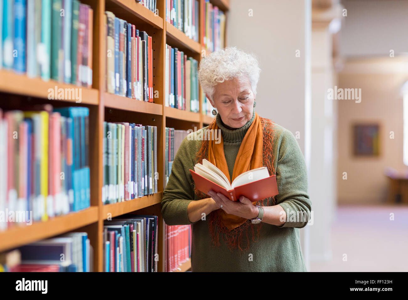 Ältere Mischlinge Frau Lesebuch in Bibliothek Stockfoto