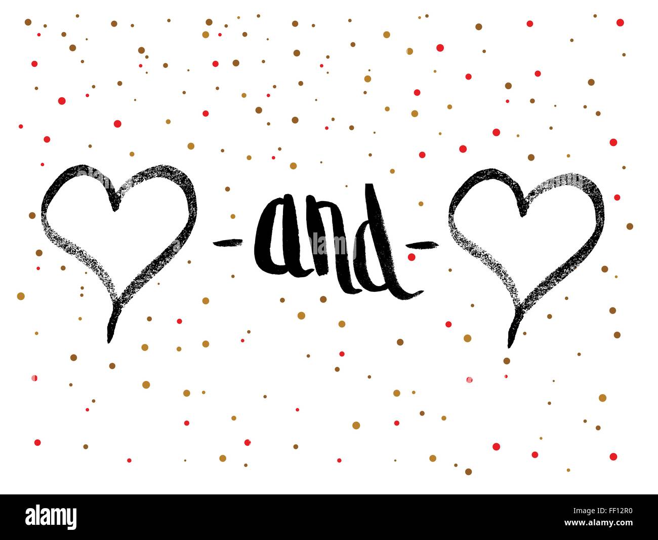 Valentinstag-Kalligraphie-Grußkarte mit zwei Herzen. Hand gezeichnet und handschriftliche Designelemente auf Dot Hintergrund. Stock Vektor
