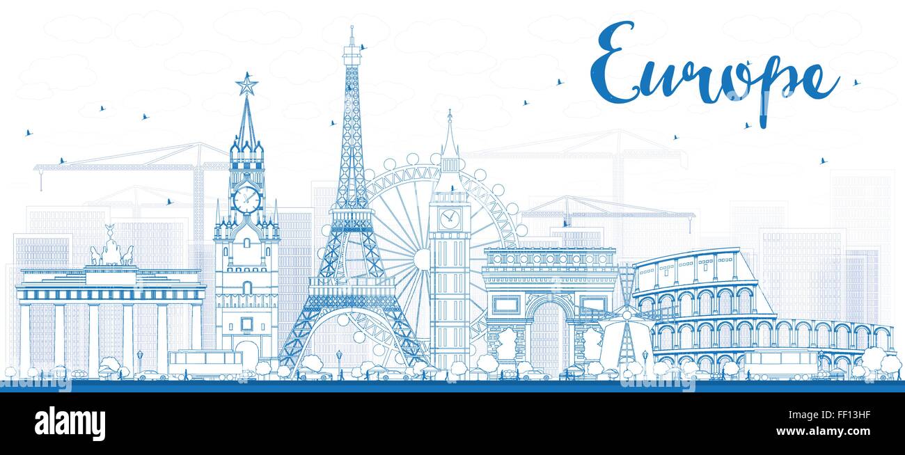 Berühmte Sehenswürdigkeiten in Europa. Vektor-Illustration zu skizzieren. Business-Reisen und Tourismus-Konzept mit Platz für Text. Stock Vektor