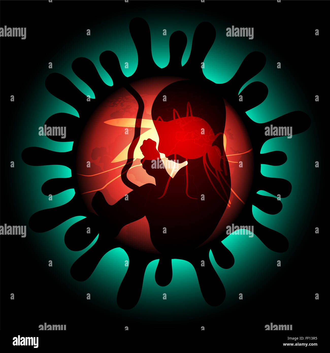 Zika Virus-Infektion und Schwangerschaft Illustration mit Embryo und Mücken Stockfoto