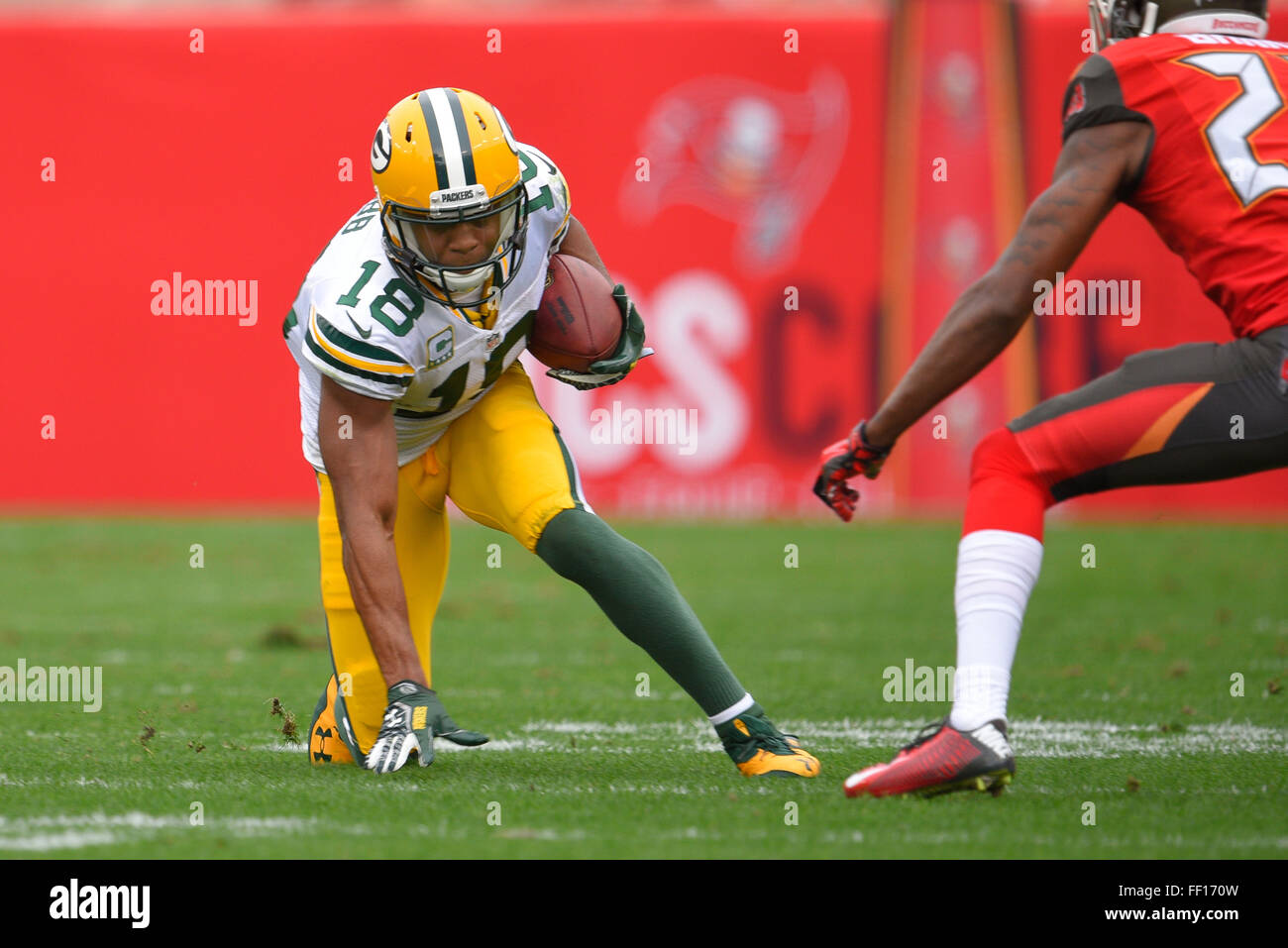 Tampa, FL, USA. 21. Dezember 2014. Green Bay Packers Wide Receiver Randall Cobb (18) läuft Upfield während ein NFL-Spiel gegen die Tampa Bay Buccaneers im Raymond James Stadium am 21. Dezember 2014 in Tampa, Florida. Die Packers gewannen 20-3.ZUMA Presse / Scott A. Miller © Scott A. Miller/ZUMA Wire/Alamy Live News Stockfoto