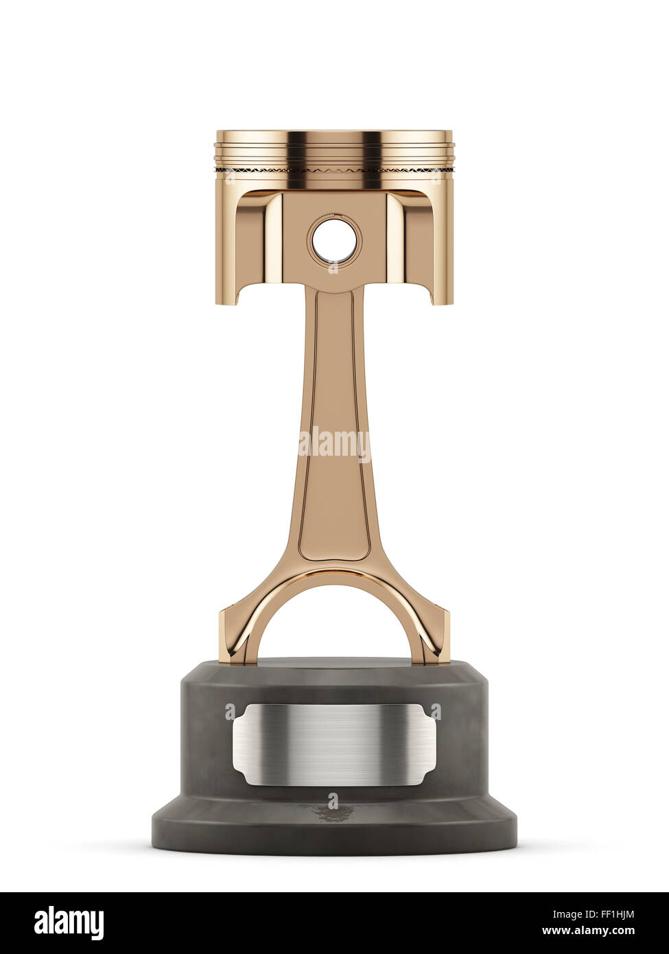 3D Piston Cup. Kolben-Bronze WM Preis für 3. Rang im Rennen, isoliert auf weißem Hintergrund Stockfoto