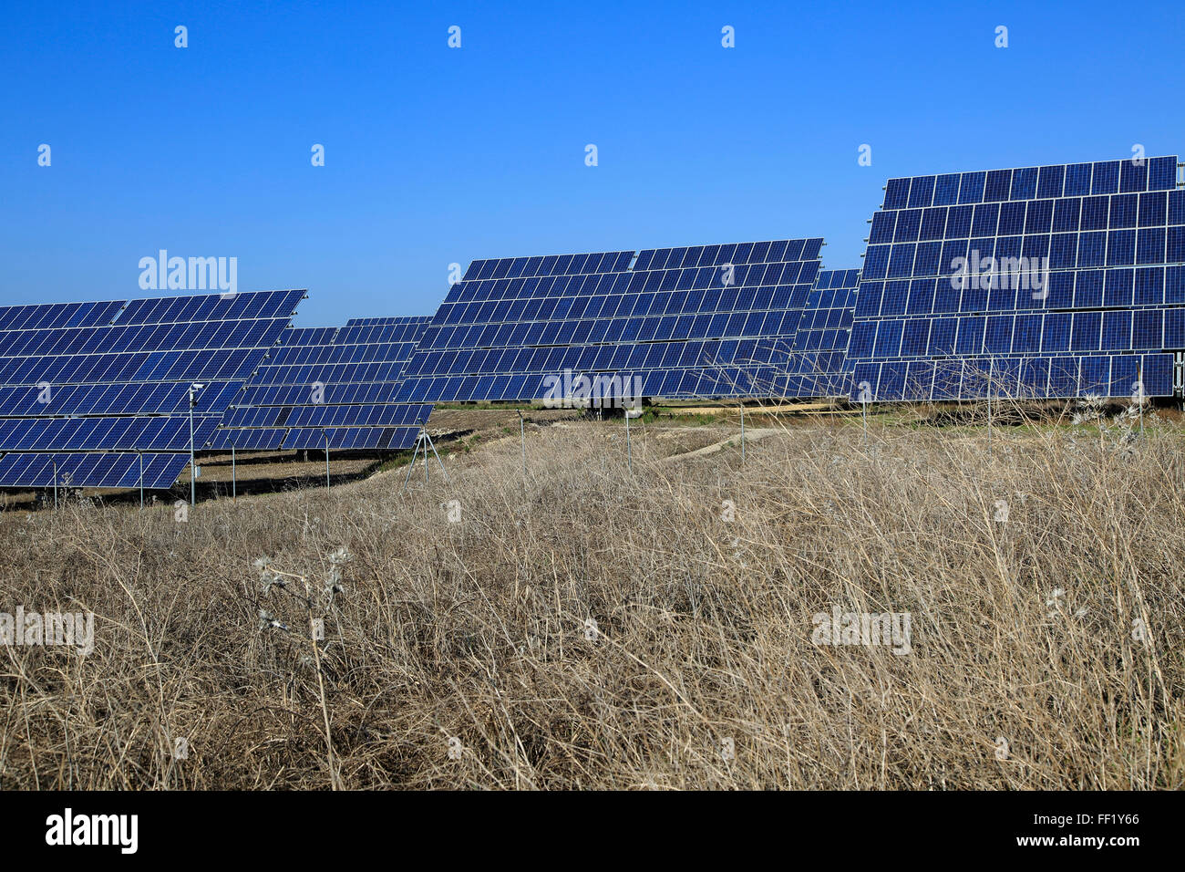 PV solar Array am Cordel del Palmar, in der Nähe von Vejer De La Frontera, Provinz Cadiz, Spanien Stockfoto