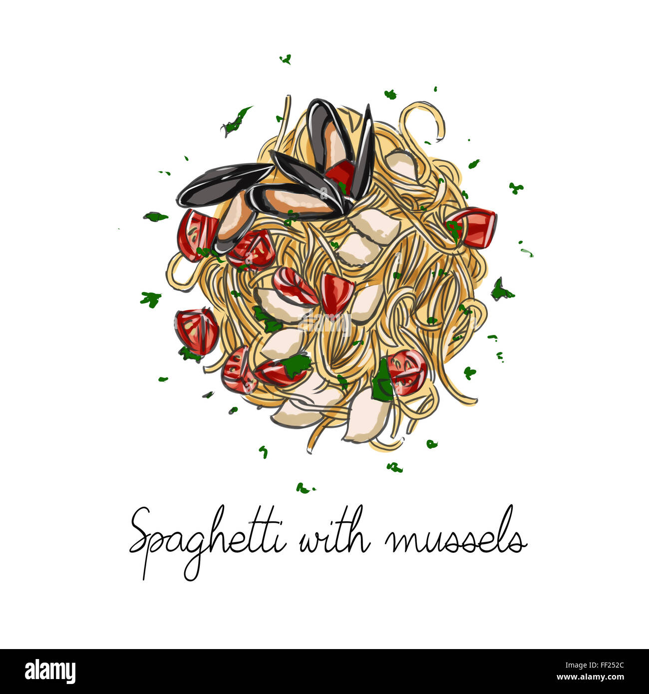 Hand gezeichnete Darstellung der Spaghetti mit Tomaten und Muscheln ... Hand gezeichnete Darstellung der Spaghetti mit Tomaten und Muscheln ...