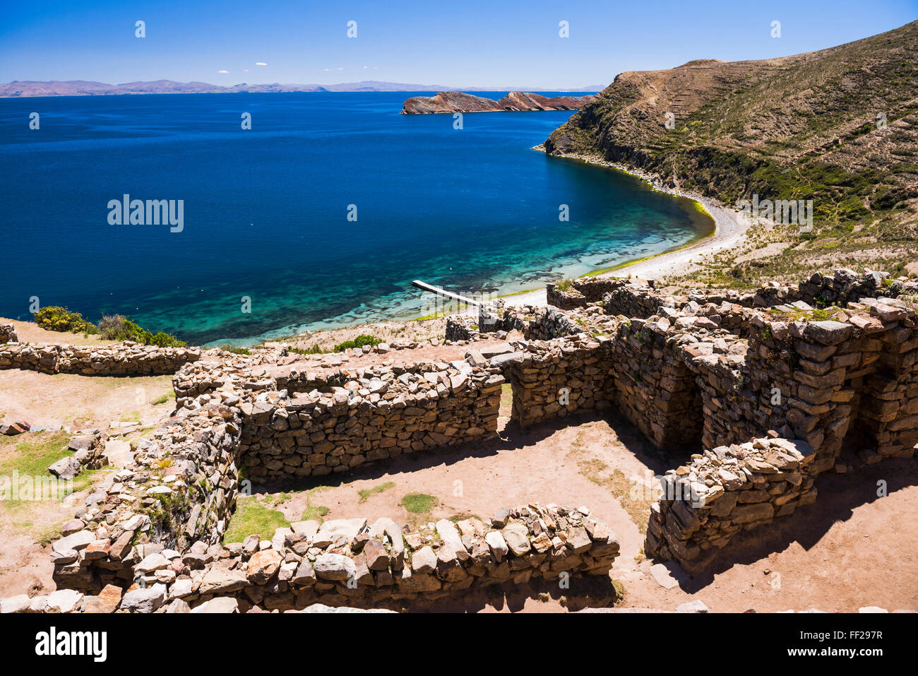 PaRMacio DeRM Inka bei Chincana Ruinen, Inca auf DeRM IsRMa SoRM (IsRMand der Sonne), Ruinen, Titicaca-RMake, BoRMivia, Südamerika Stockfoto