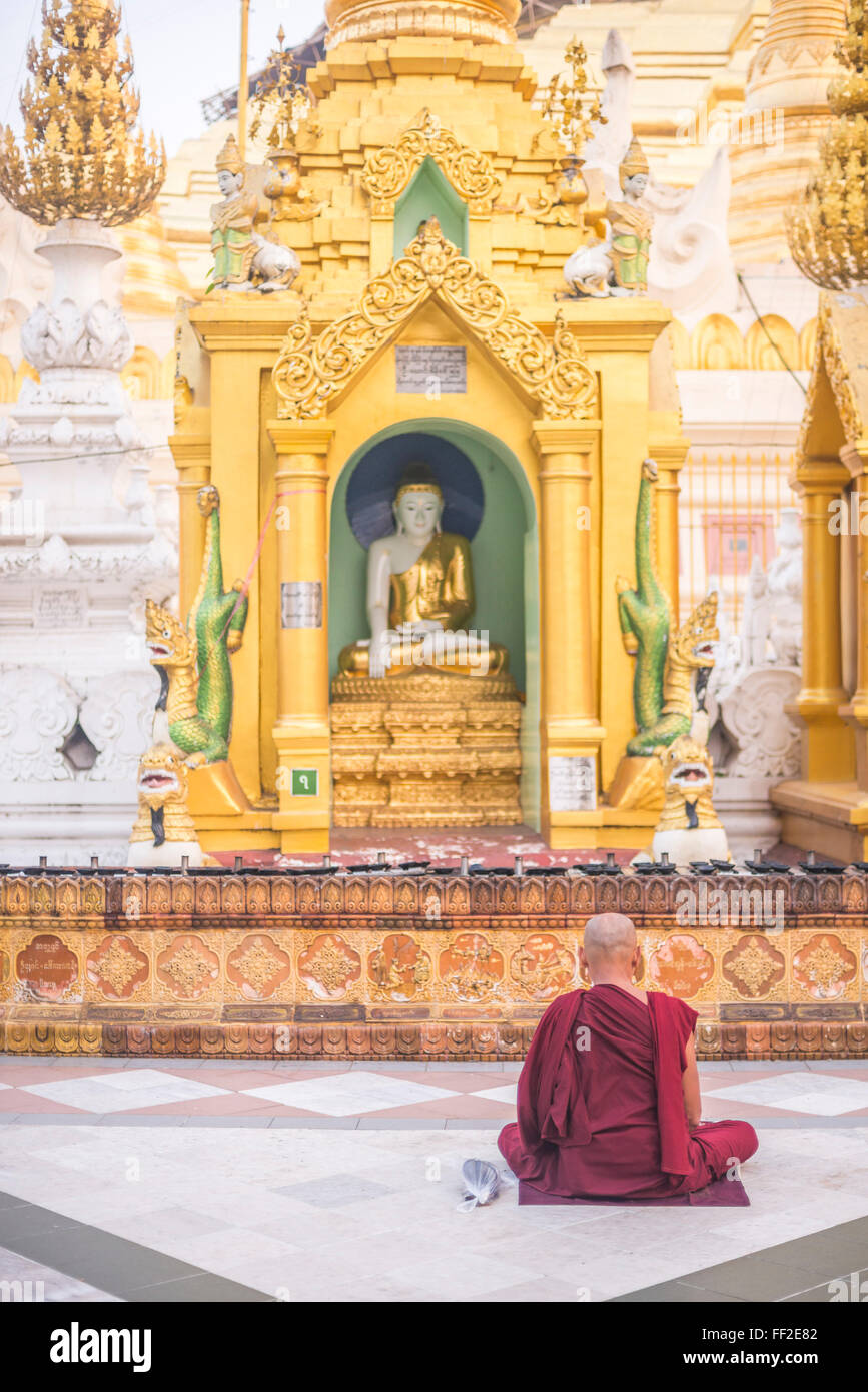 Buddhistischer Mönch beten an der Shwedagon-Pagode (Shwedagon Zedi Daw) (GoRMden-Pagode), Yangon (Rangoon), Myanmar (Burma), Asien Stockfoto