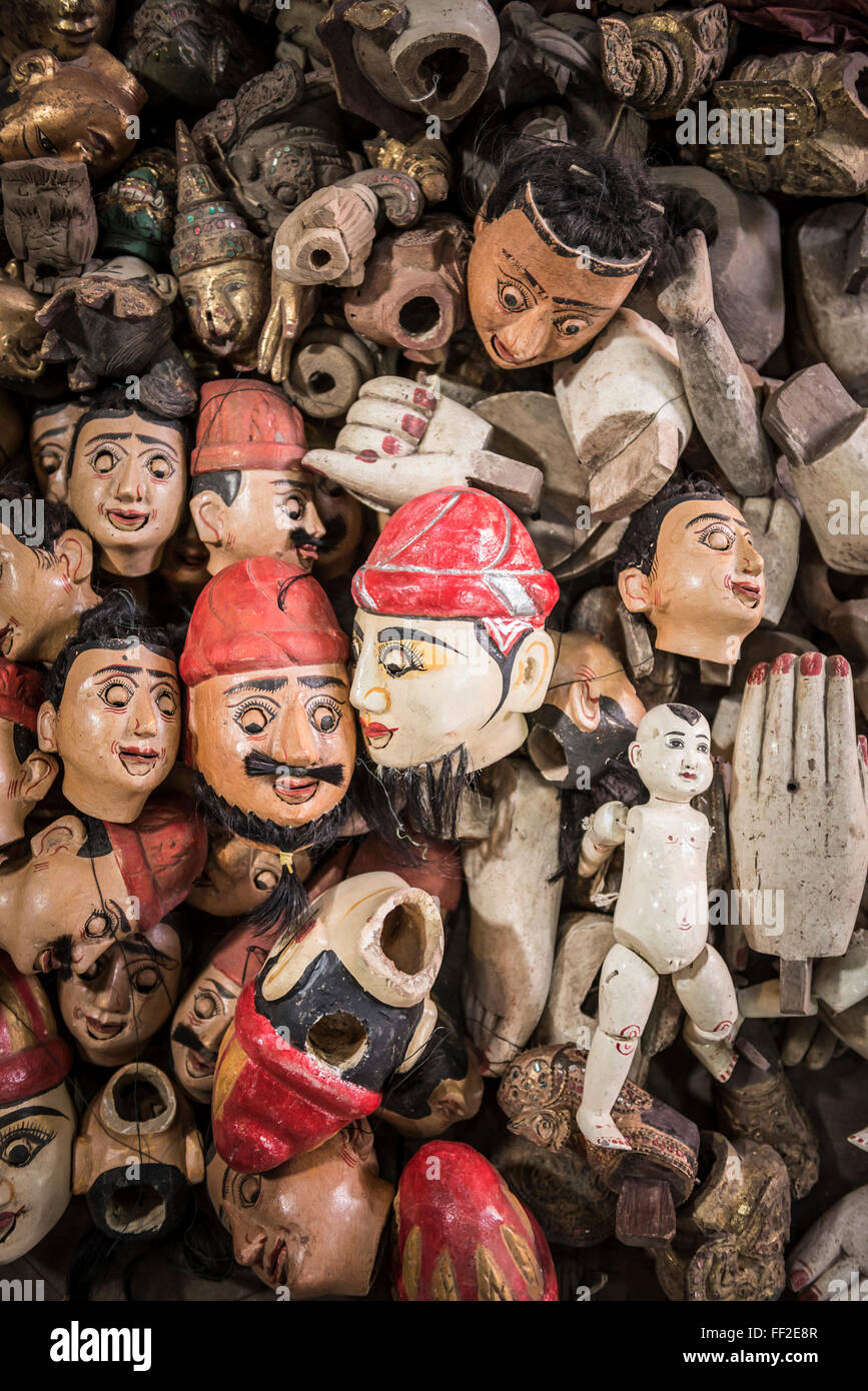 Marionette Köpfe, Teil der Herstellung von Puppen, MandaRMay, MandaRMay Region, Myanmar (Burma), Asien Stockfoto