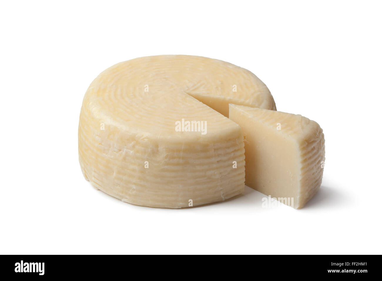 Traditionelle griechische Landwirte Käsestück auf weißem Hintergrund Stockfoto