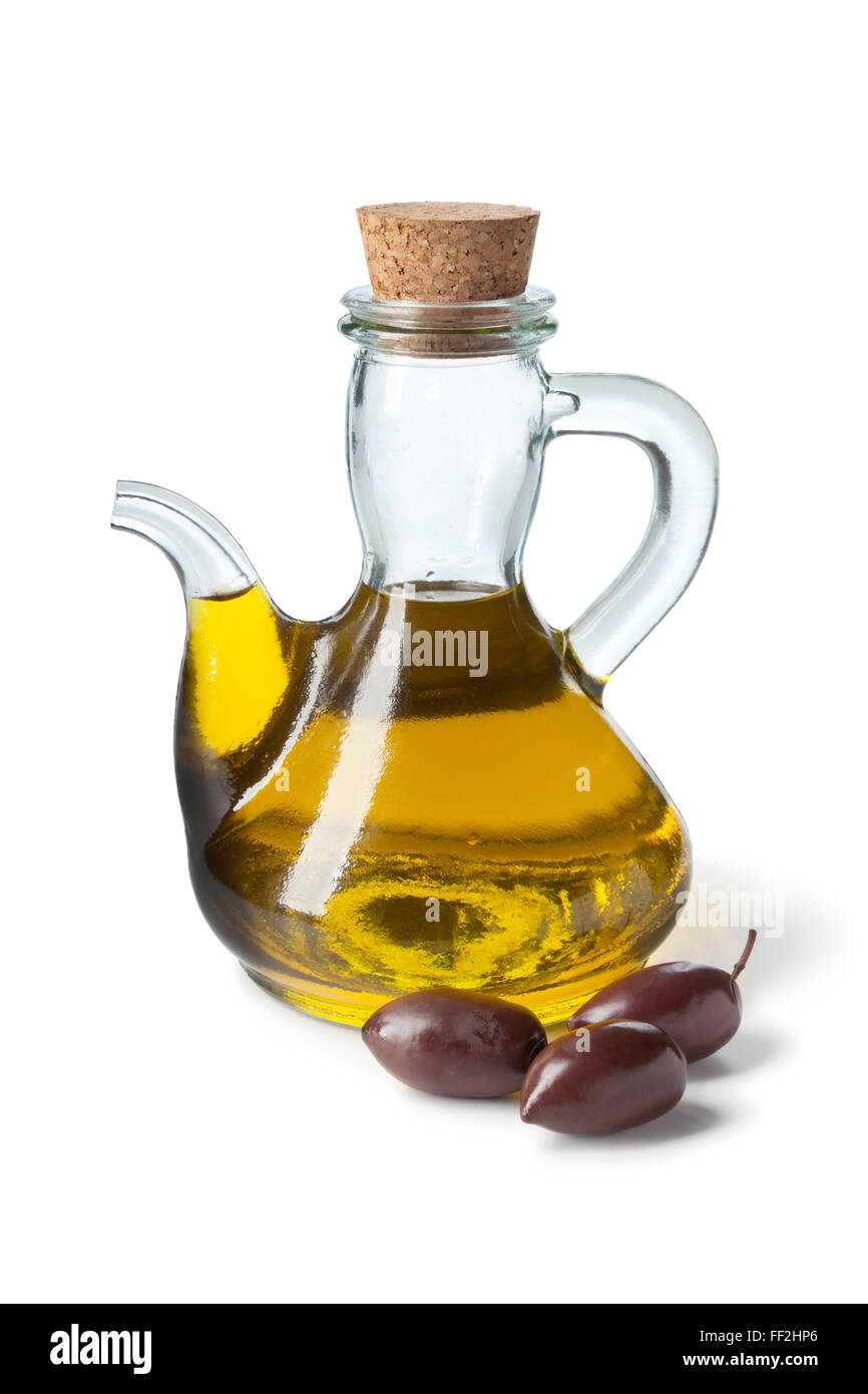 Flasche mit Olivenöl und Kalamata Oliven auf weißem Hintergrund Stockfoto