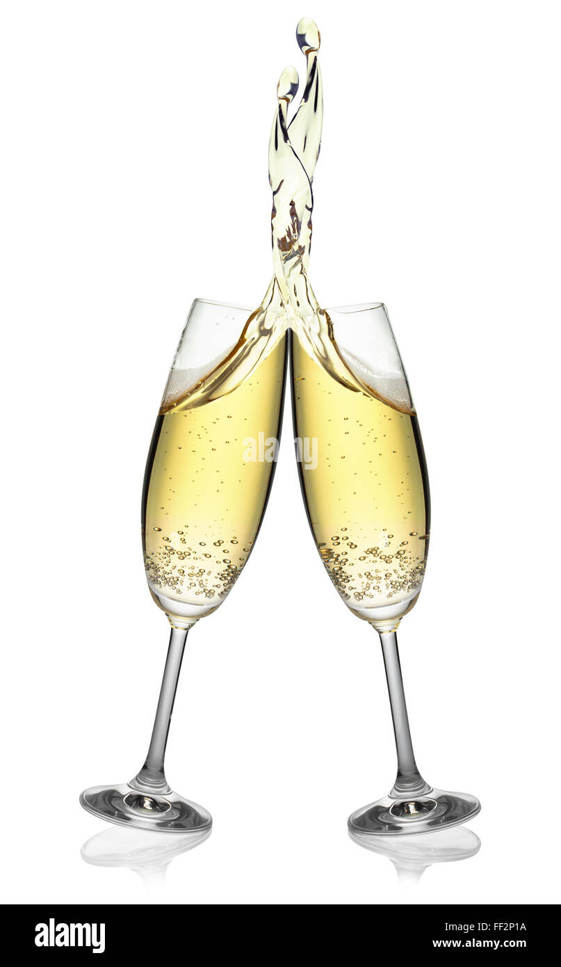 Paar Flöten macht einen eleganten Sprung Champagner, isoliert auf weißem Hintergrund, Clipping-Pfad enthalten. Stockfoto