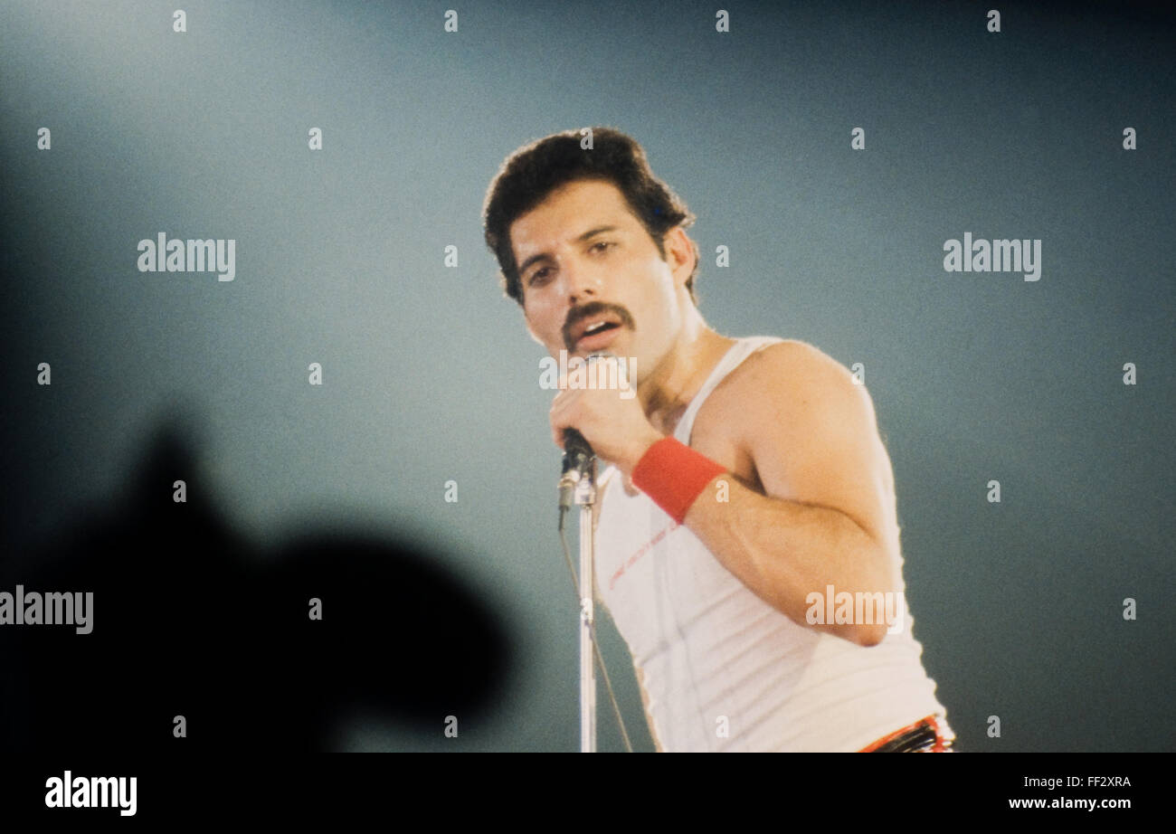 LEIDEN, Niederlande - 27. November 1980: Freddy Mercury, Sänger der britischen Band Queen während eines Konzerts in der Groenoordhallen Stockfoto