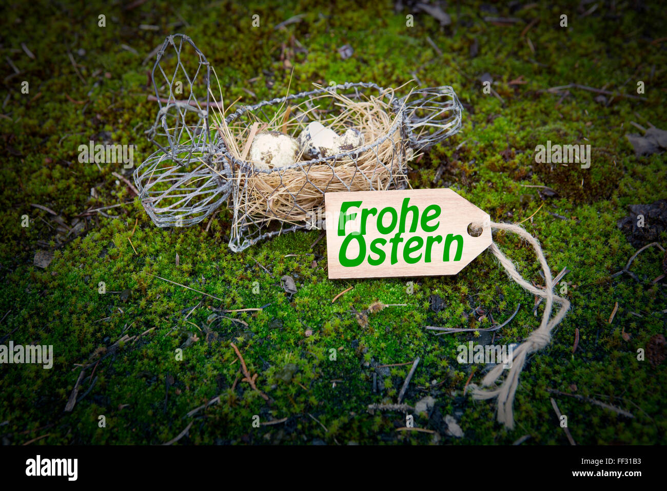 Deutsch "Frohe Ostern" (Frohe Ostern) auf hölzerne Schild mit Ostern Hase Korb auf grünem Moos Stockfoto