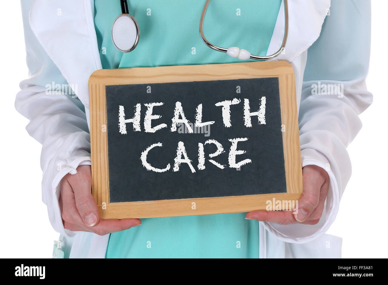 Gesundheitswesen Gesundheitswesen Konzept Krankheit krank Krankheit gesund Arzt mit Schild Stockfoto