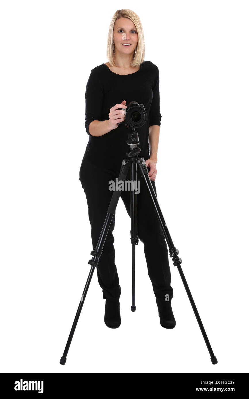 Ganzkörper-Fotograf Frau Fotografie Fotos mit Kamera Beruf Hobby isoliert auf weißem Hintergrund Stockfoto
