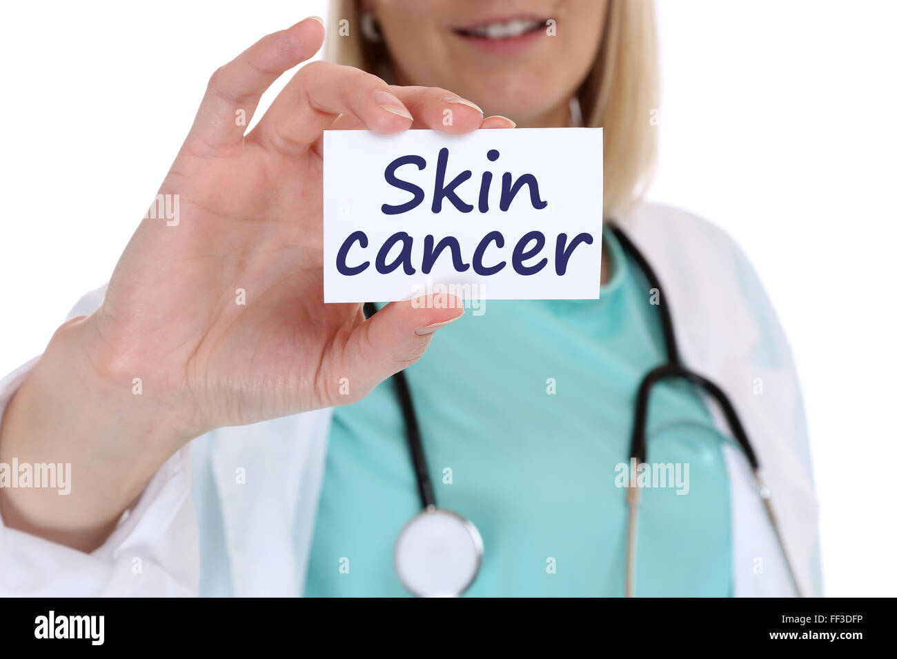 Haut Krebs Bewusstsein Krankheit krank Krankheit Gesundheit Arzt Krankenschwester mit Schild Stockfoto