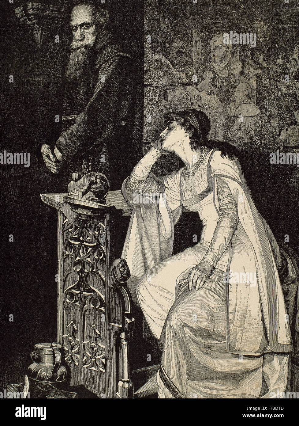 William Shakespeare (1564-1616). Englischer Schriftsteller. Romeo und Julia. Julia mit Bruder Lorenzo. Kupferstich von E. Hopmann, 1884. Stockfoto