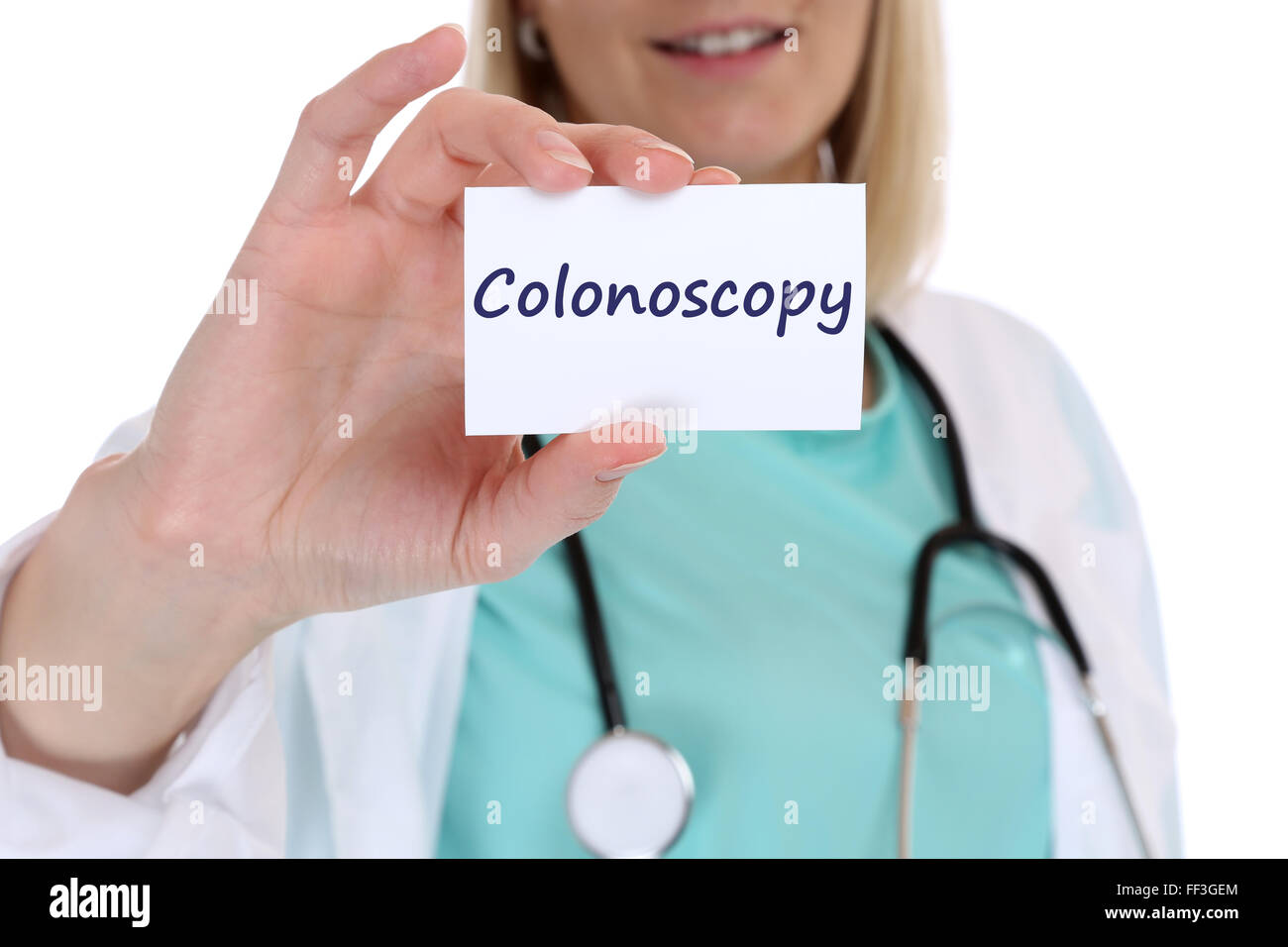 Koloskopie Krebsprävention screening-Check-Up Krankheit krank Krankheit Krankenschwester Arzt mit Schild Stockfoto