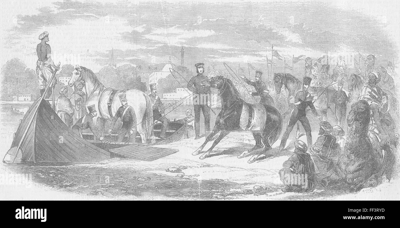 Indien Kavallerie Überfahrt mit der Fähre, Allahabad 1857. Illustriert von Zeiten Stockfoto