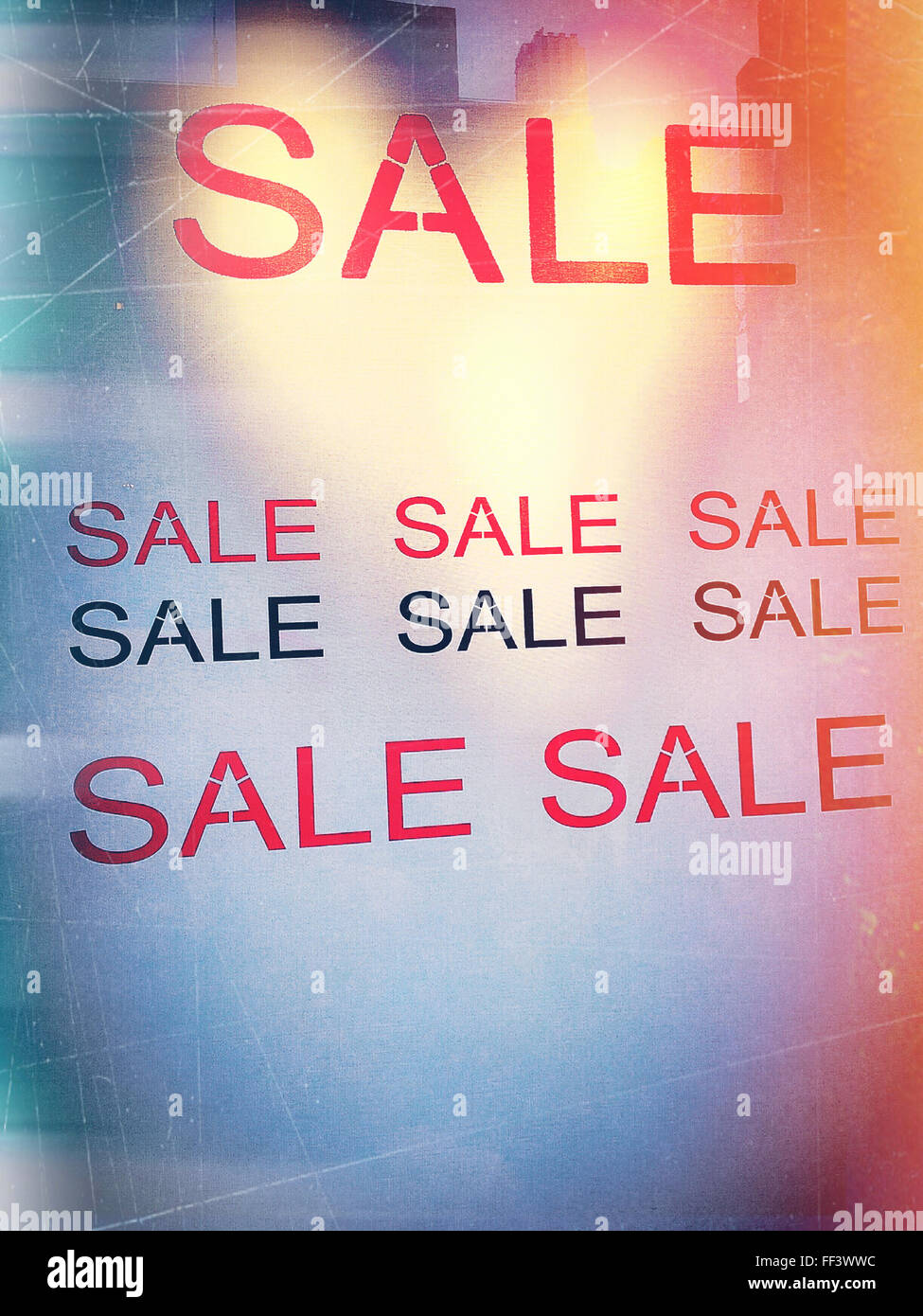 Ladens Verkaufsschild im Schaufenster auf der Fifth Avenue, New York Stockfoto