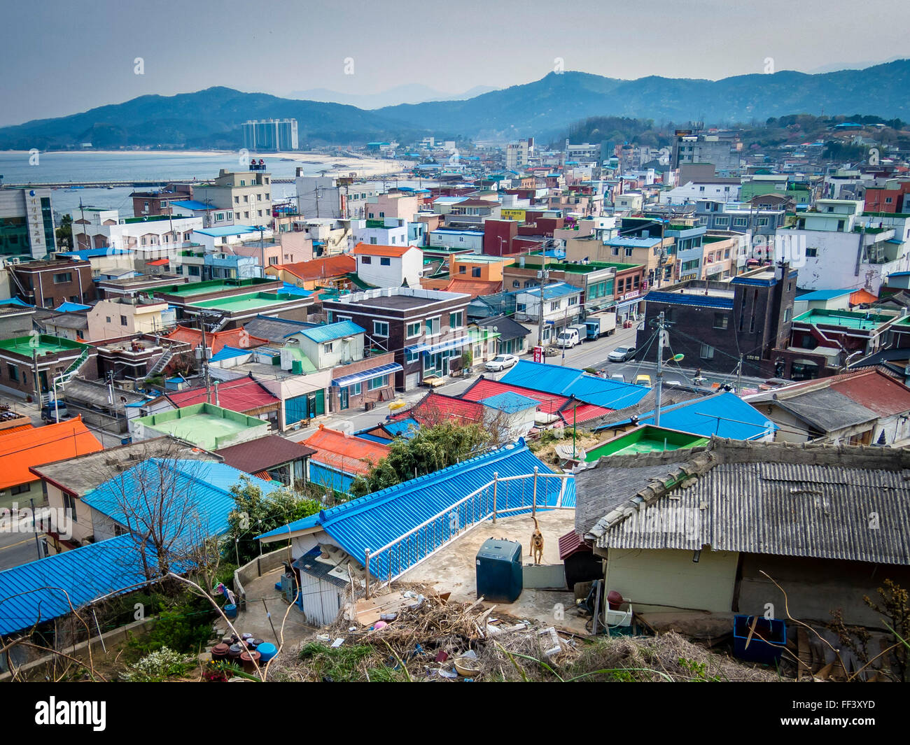 Blick über dem Dach des koreanischen Stadt, nah an der DMZ. Stockfoto