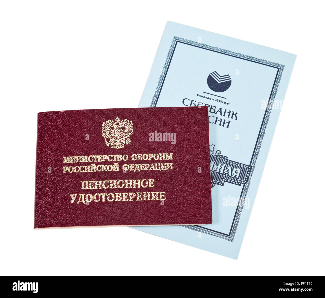 Russische Vorsorgeausweis und Einsparungen Buch Saving Bank der Russischen Föderation Stockfoto