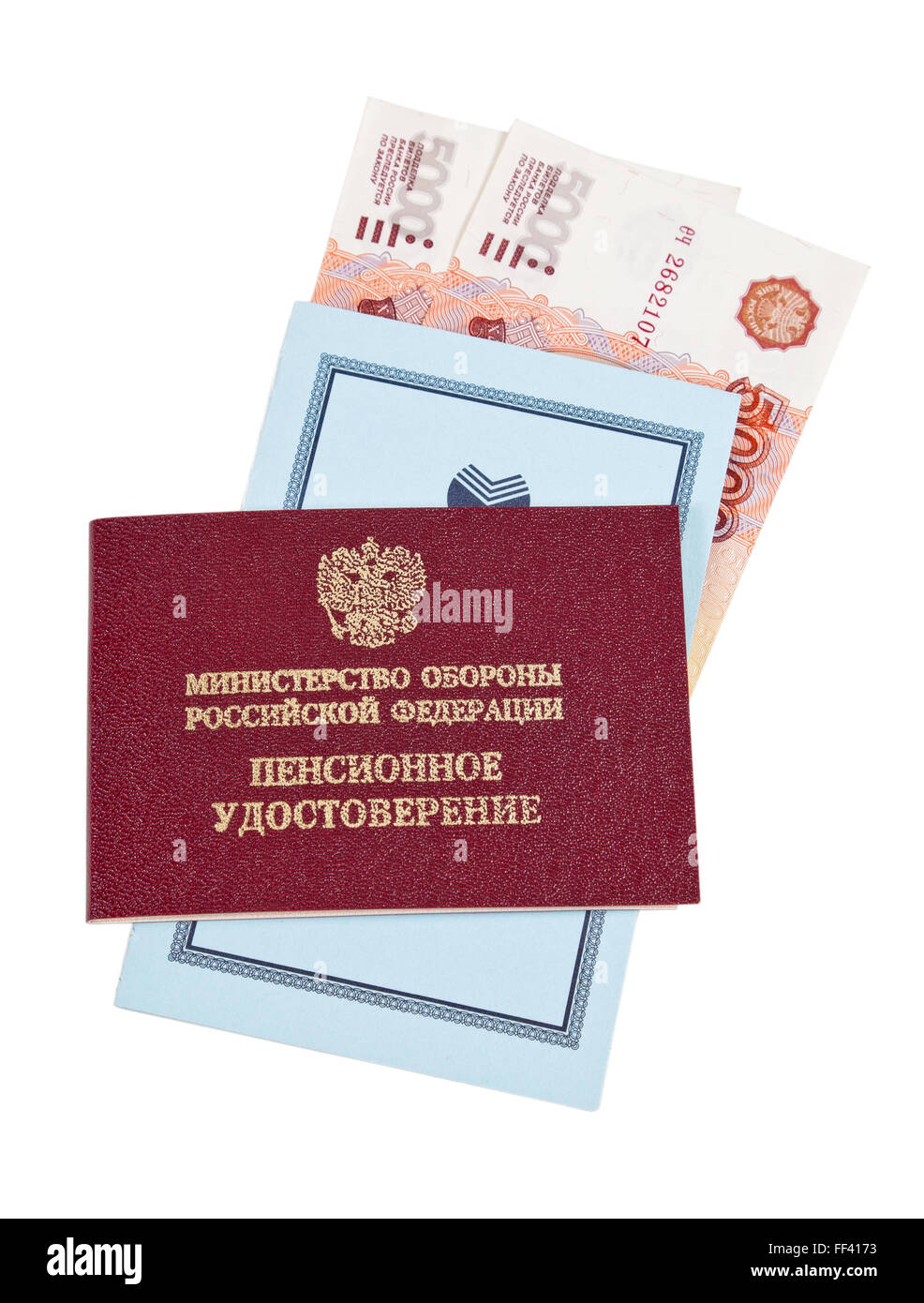 Russische Vorsorgeausweis, Sparbuch sparen Bank der Russischen Föderation und Banknoten. Stockfoto