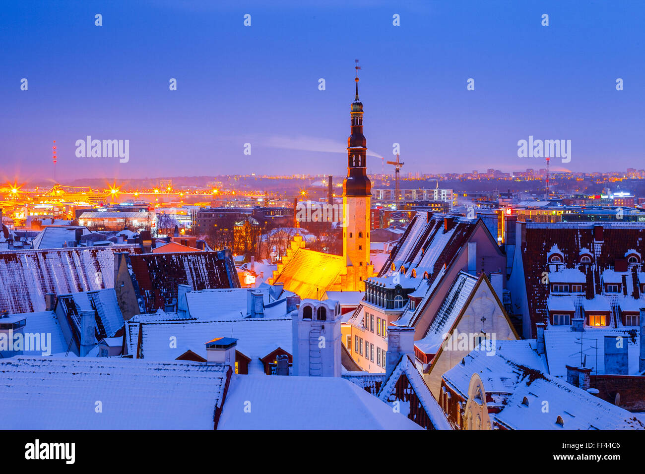 Panorama der Altstadt von Tallin im Winter. Verschneite Dächer Stockfoto