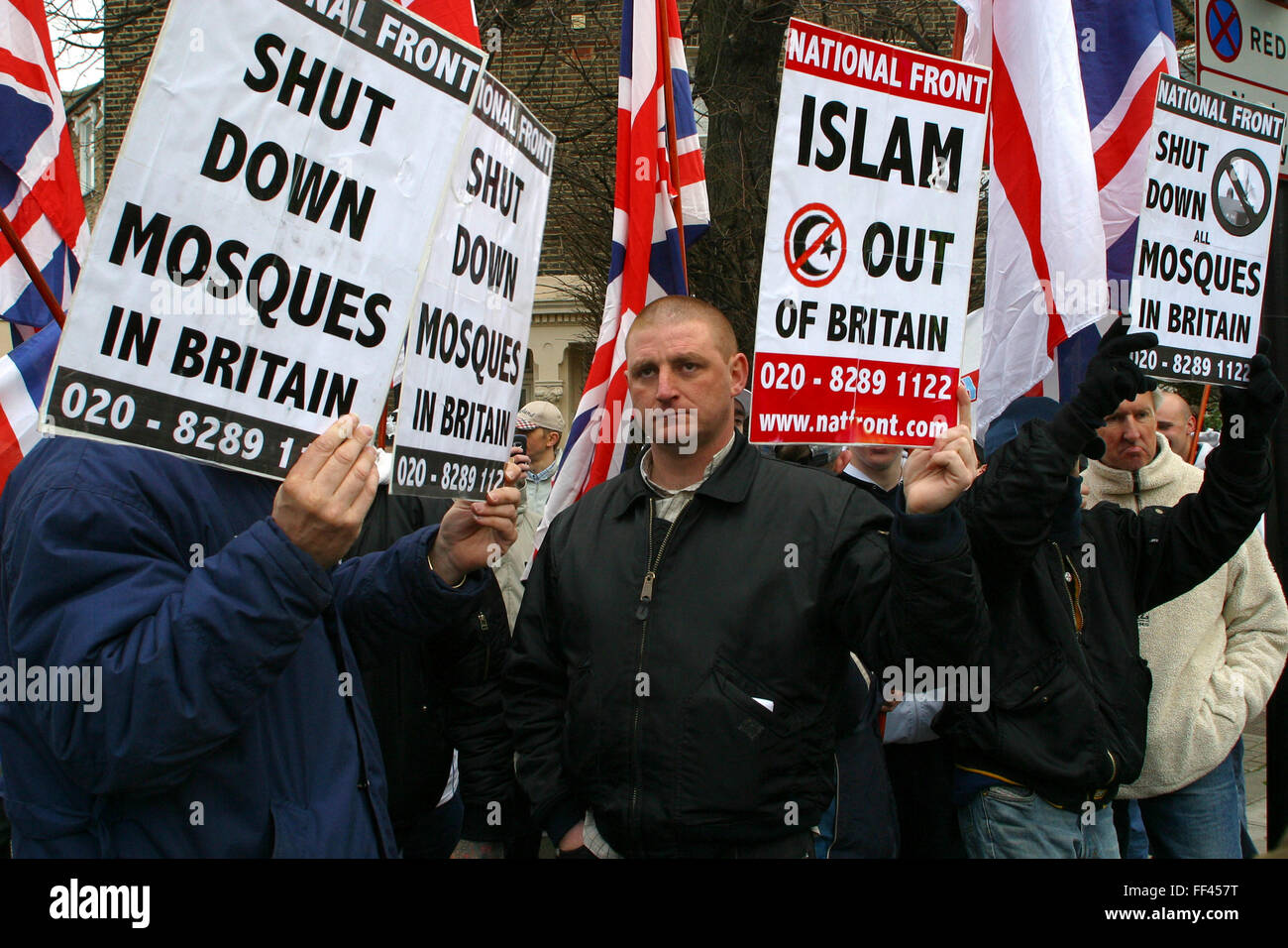 Die British National Party Protest außerhalb Finsbury Park-Moschee in London. Stockfoto