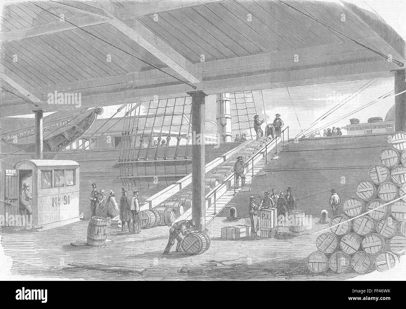 LIVERPOOL Baumwolle Hungersnot Schiff, Dock mit Nahrungsmittelhilfe 1863. Illustrierte London News Stockfoto