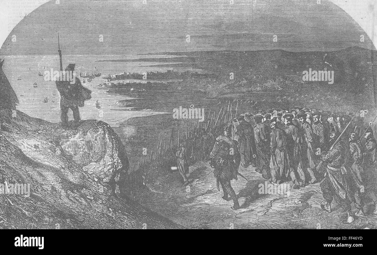UKRAINE-Boarding von russischen Gefangenen, Kamiesch 1855. Illustriert von Zeiten Stockfoto