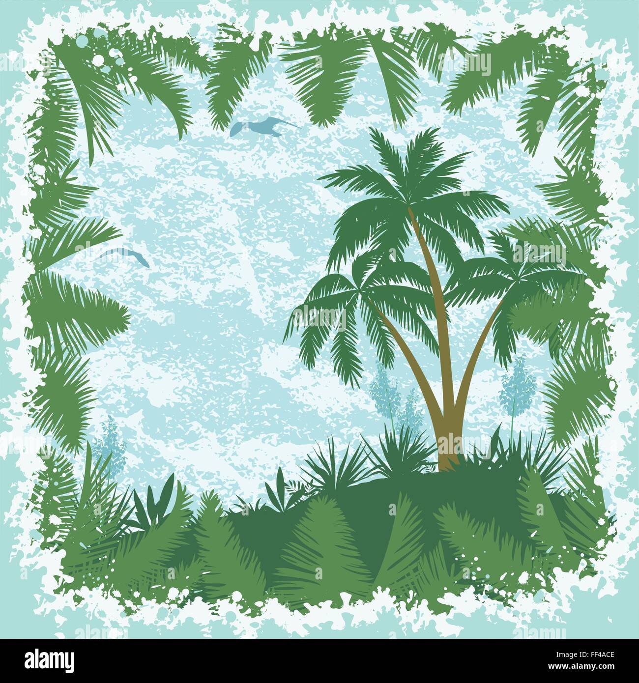 Tropische Landschaft, Palmen und Möwen Stock Vektor